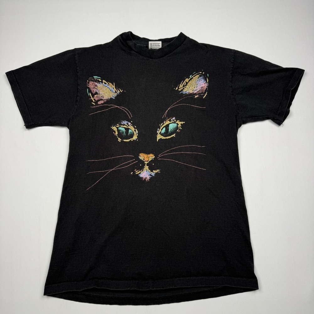 Vintage Anvil Cat Shirt Mens Large Black Neon Graphic Tee 1989 Air Waves 80s